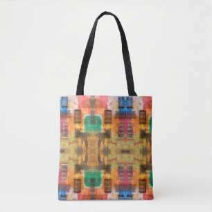 Urban iron work, painted wall, brick wall tote bag