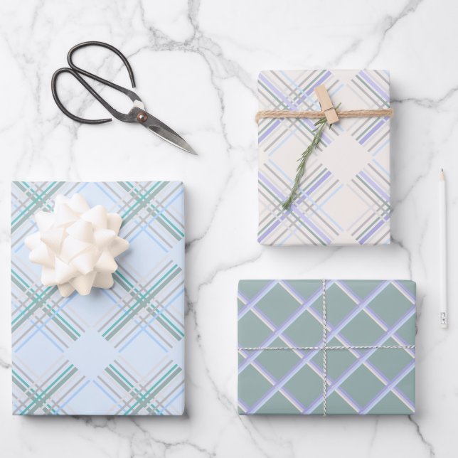 Urban Modern Tartan In Pearl And Blue Wrapping Paper Sheet (Front)