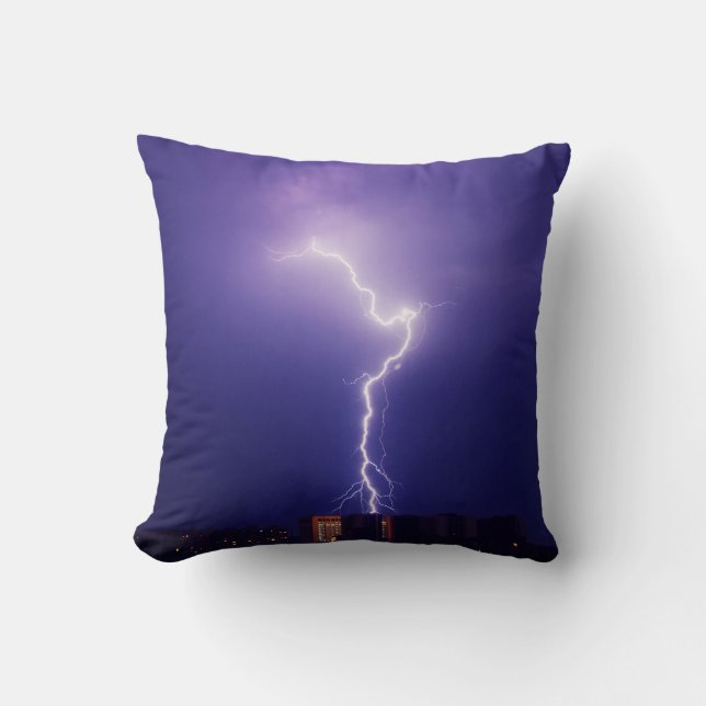 Urban Power Surge - Dynamic Lightning Bolt Over Ci Throw Pillow (Front)