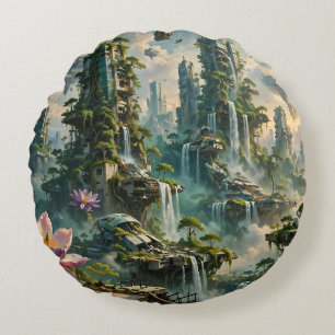 Urban Renewal Futuristic Post Apocalyptic City Round Pillow