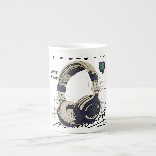 Urban Retro Headphone Vibe Illustration Bone China Mug (Front)