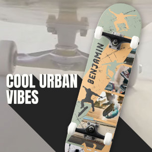 Urban Skater Photo Collage Sage Green Tan Skateboard