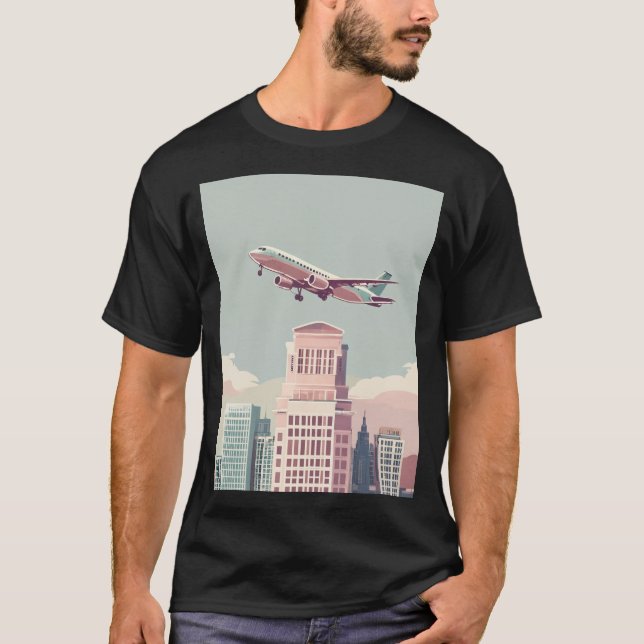 Urban Skyline Airplane Landing Graphic T-Shirt (Front)