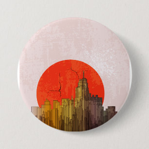 Urban Skyline with Red Sun Grunge Cityscape 3 Inch Round Button