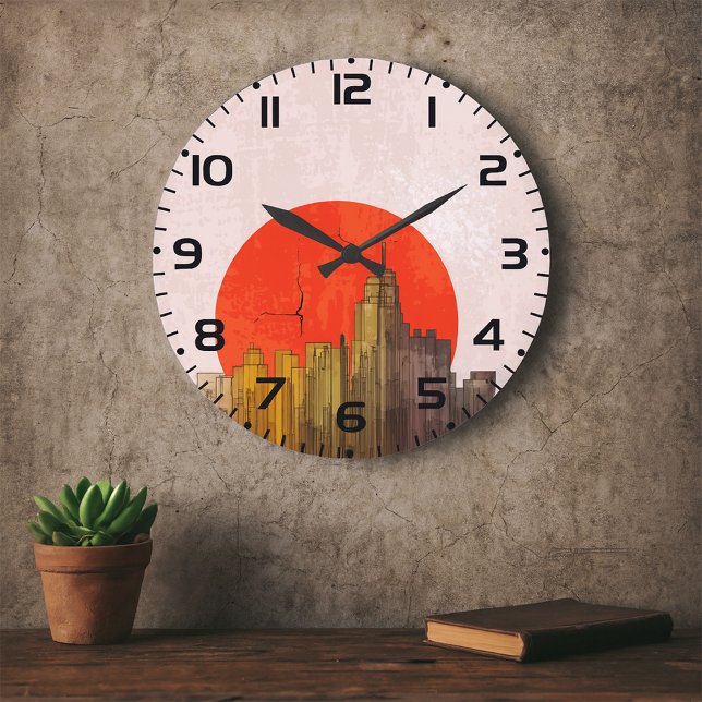 Urban Skyline with Red Sun Grunge Cityscape  Large Clock (Creator Uploaded)