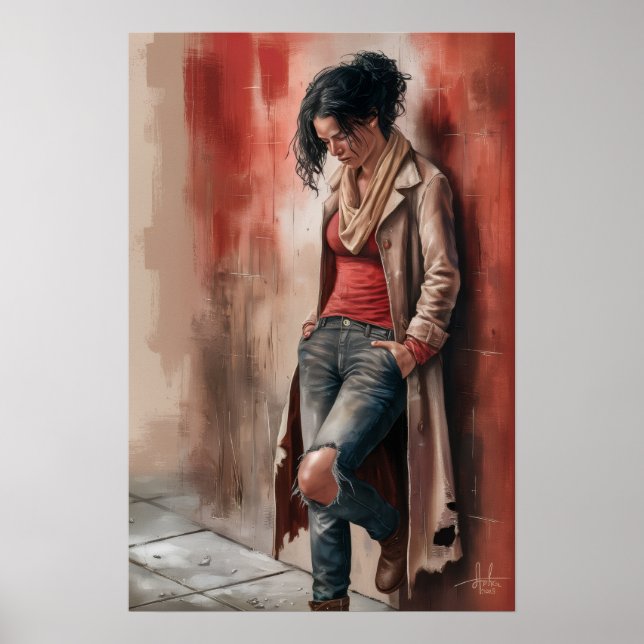 Urban Solitude: Figure Against the Red Wall Poster (Front)