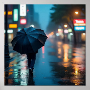 Urban Solitude - Rainy City Night Scene Poster