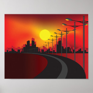 Urban Sunset Highway Skyline Poster