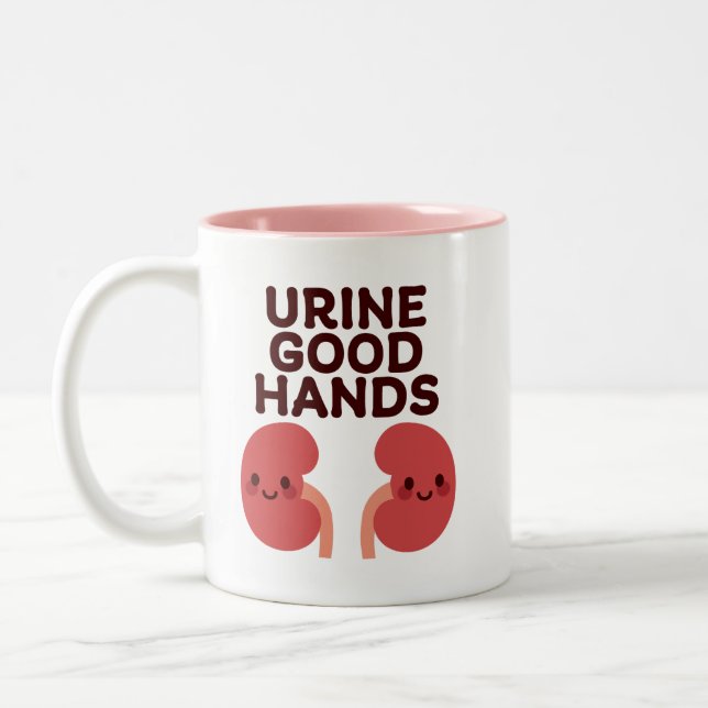 Urine Good Hands – Cute Smiling Kidney Design Two-Tone Coffee Mug (Left)
