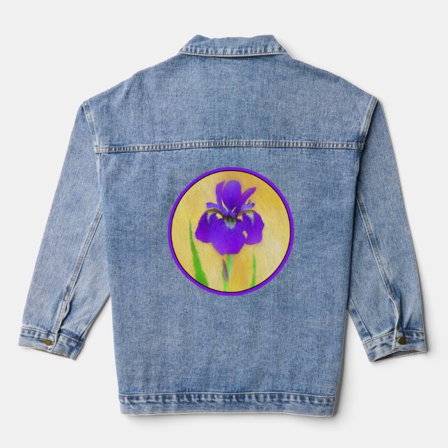urple Bearded Iris Painting - Original Flower Art Denim Jacket (Back)