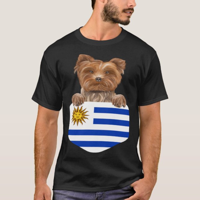 Uruguay Flag Yorkshire Terrier Dog In Pocket T-Shirt (Front)