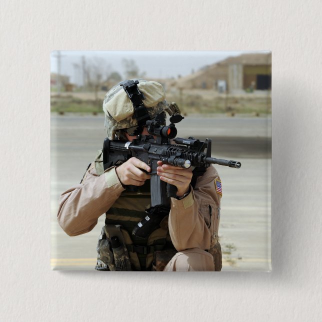 US Air Force Airman conducts security 2 Inch Square Button (Front)