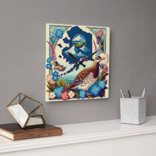 US Alaska State Bird and Flower Design Square Wall Clock