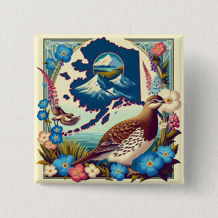 US Alaska's State Bird and Flower Design 2 Inch Square Button