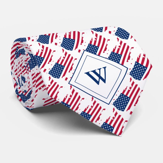 US AMERICA Flag Custom Monogram Scripture Tie (Rolled)