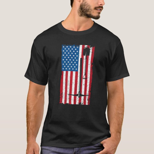 Us America Flag Underground Mining Miner Mining Ax T-Shirt (Front)