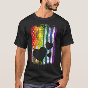 Us American Flag Hearts Lgbtq Rainbow Flag Gay Pri T-Shirt