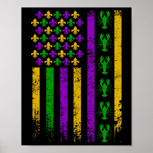 Us American Flag Mardi Gras Crawfish Vintage  Poster