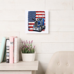 US American Flag Semi Truck Driver Square Wall Clock
