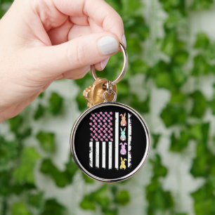 US American Flag with Bunny for Easter Day Keychain