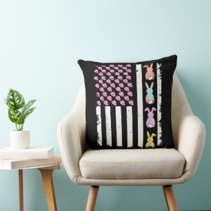 US American Flag with Bunny for Easter Day Throw Pillow