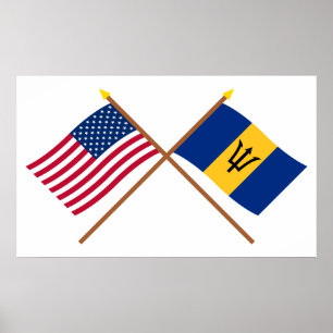 US and Barbados Crossed Flags Poster