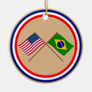 US and Brazil Crossed Flags Ceramic Ornament
