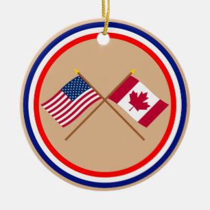US and Canada Crossed Flags Ceramic Ornament