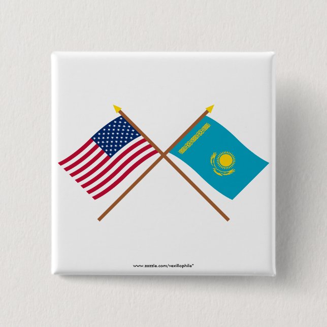 US and Kazakhstan Crossed Flags 2 Inch Square Button (Front)