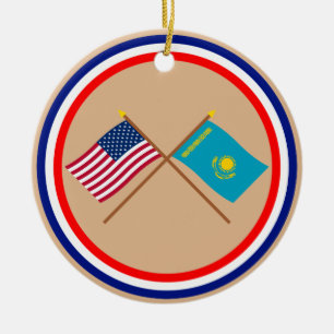 US and Kazakhstan Crossed Flags Ceramic Ornament