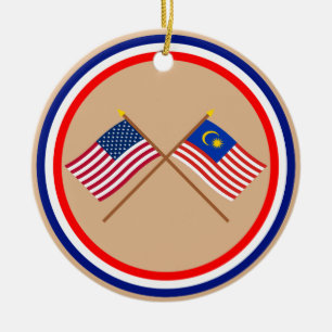 US and Malaysia Crossed Flags Ceramic Ornament