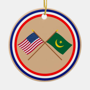 US and Mauritania Crossed Flags Ceramic Ornament