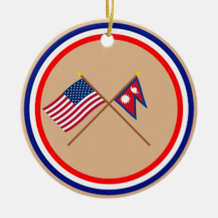 US and Nepal Crossed Flags Ceramic Ornament