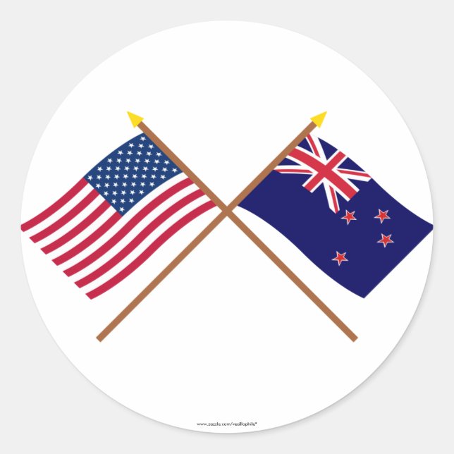 US and New Zealand Crossed Flags Classic Round Sticker (Front)