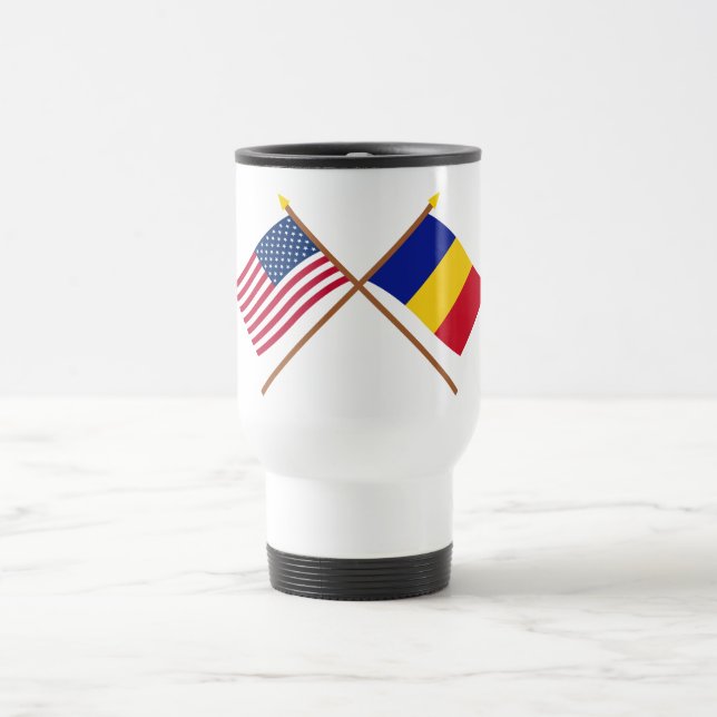 US and Romania Crossed Flags Travel Mug (Center)