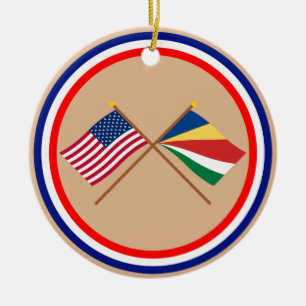 US and Seychelles Crossed Flags Ceramic Ornament