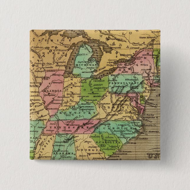 US, Canada Hand Coloured Atlas Map 2 Inch Square Button (Front)