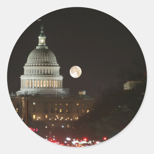 US Capitol Building Full Moon Classic Round Sticker (Front)