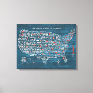 US City Map on Wood Blue Canvas Print