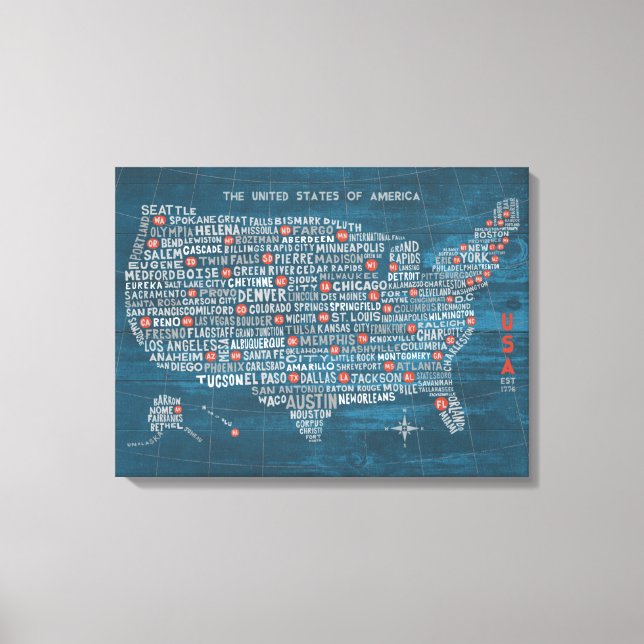 US City Map on Wood Blue Canvas Print (Front)