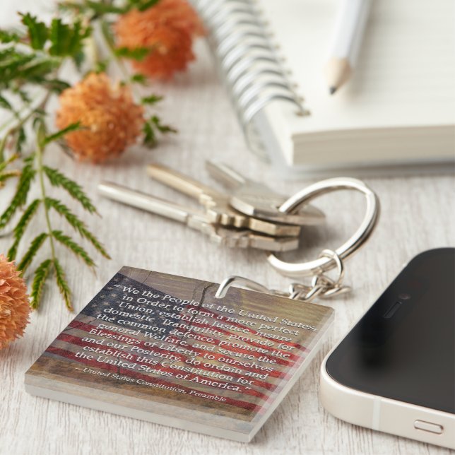 US Constitution Preamble Over Textured Background Keychain (Front Right)