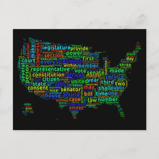 US Constitution Word Cloud Map on Black Background Postcard