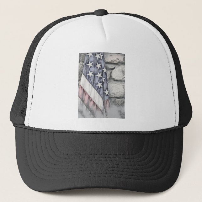 US Flag against the stone wall Trucker Hat (Front)