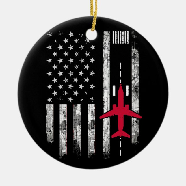 US Flag Airport Runway Airplane Pilot Gift Ceramic Ornament (Front)