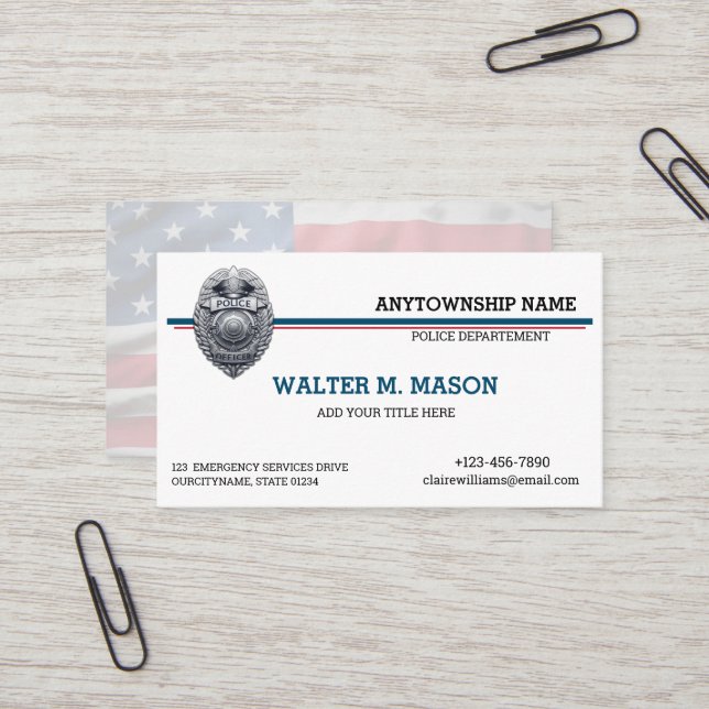  US Flag Blue Line Police Badge Business Card (Front/Back In Situ)