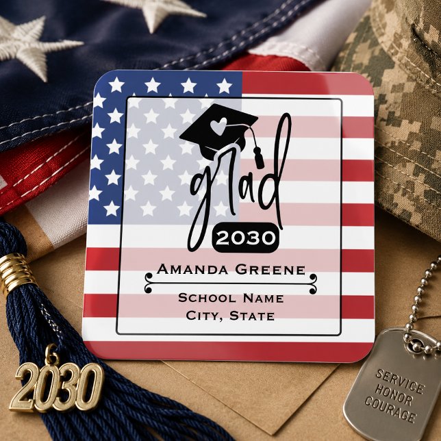 US Flag Cute Heart Grad Year  Square Sticker (Creator Uploaded)