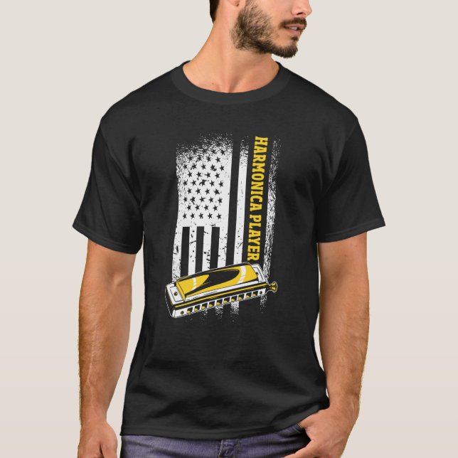 US Flag Harmonica Player T-Shirt (Front)
