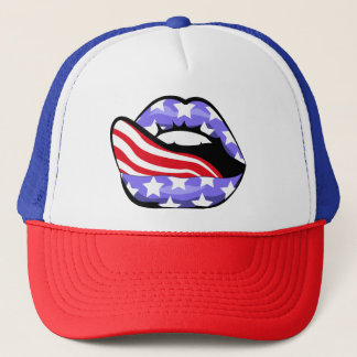 US Flag in sensual lips with tongue. Trucker Hat