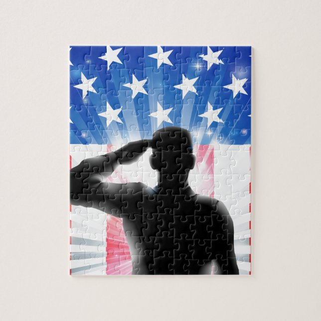 US flag military soldier saluting in silhouette Jigsaw Puzzle (Vertical)