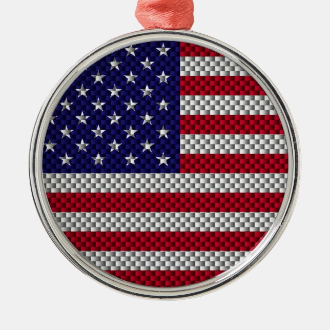 US Flag on Carbon Fibre Like Print Metal Ornament (Front)